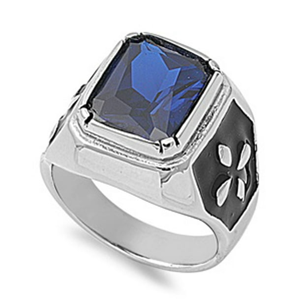 Mens Blue Stainless Steel Ring Oval Simulated Sapphire & CZ Sizes 8 9 10 12 13 Mens Blue Stainless Steel Ring Oval Simulated Sapphire & CZ Sizes 8 9 10 12 13